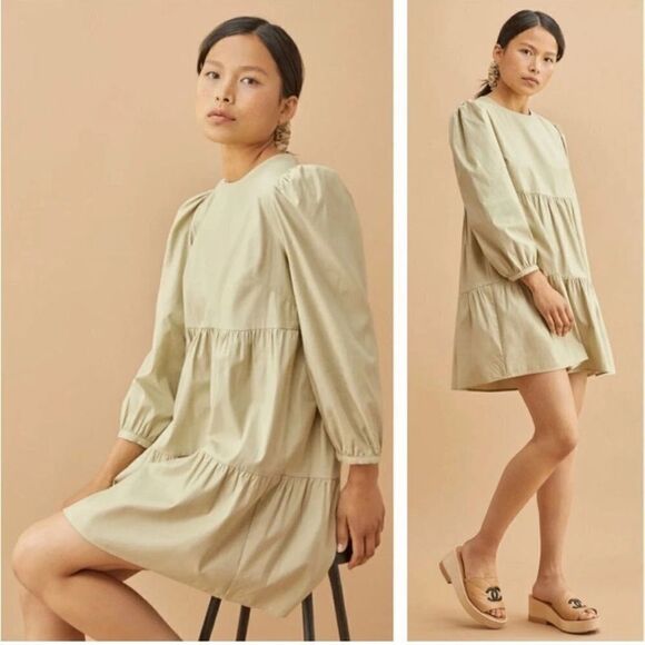 Reformation Poplin Puffed Sleeve “The Beckett Dress” in Light Green & Tiered XS - Picture 1 of 6